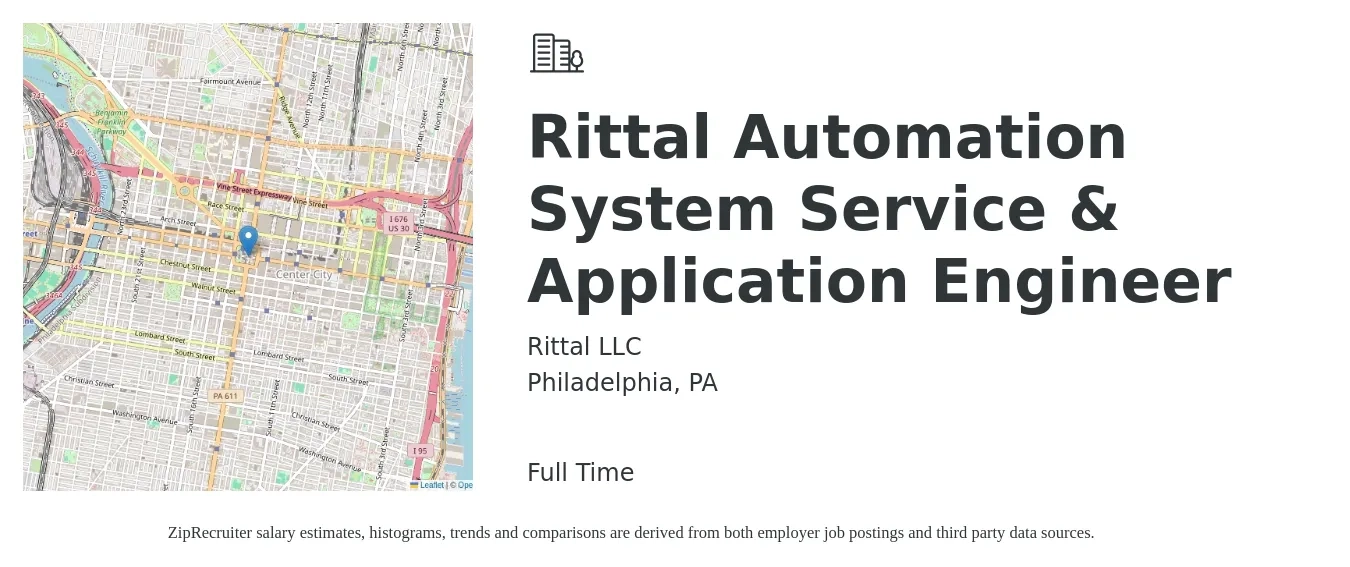 Rittal LLC job posting for a Rittal Automation System Service & Application Engineer in Philadelphia, PA with a salary of $87,300 to $124,600 Yearly with a map of Philadelphia location.