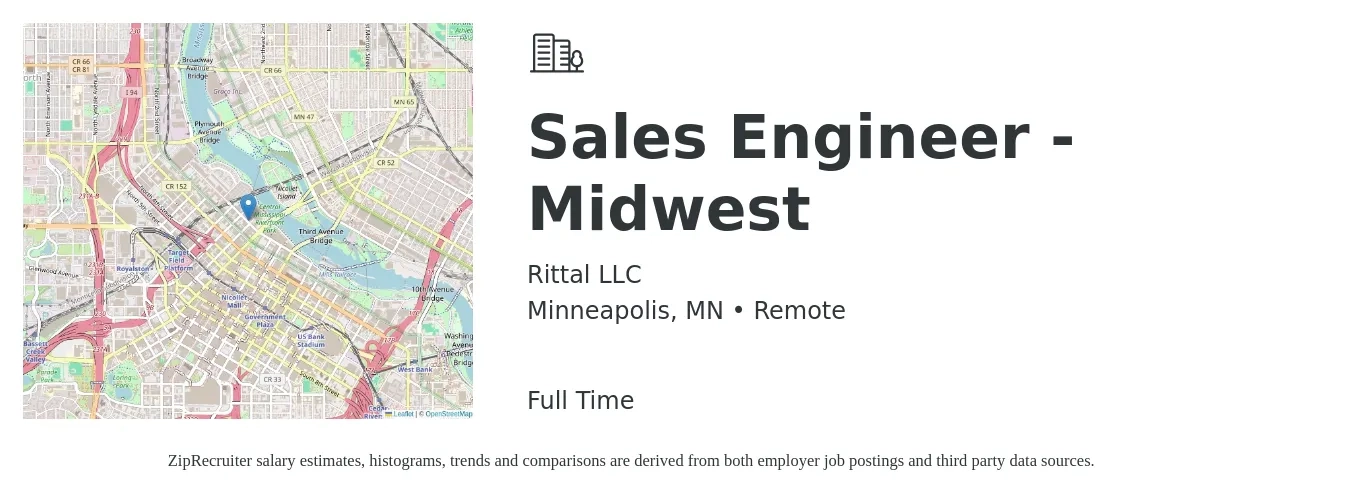 Rittal LLC job posting for a Sales Engineer - Midwest in Minneapolis, MN with a salary of $78,300 to $117,400 Yearly with a map of Minneapolis location.