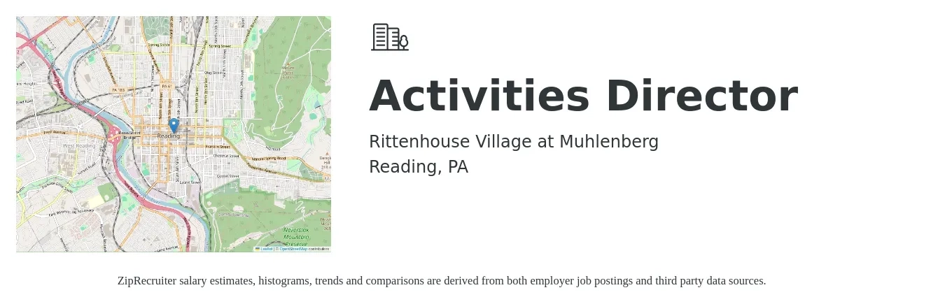 Rittenhouse Village at Muhlenberg job posting for a Activities Director in Reading, PA with a salary of $41,000 to $45,000 Yearly with a map of Reading location.