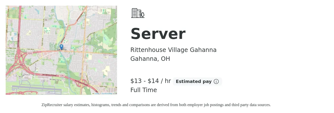 Rittenhouse Village Gahanna job posting for a Server in Gahanna, OH with a salary of $14 to $15 Hourly with a map of Gahanna location.