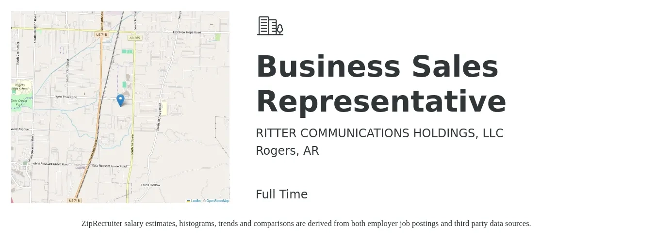 RITTER COMMUNICATIONS HOLDINGS, LLC job posting for a Business Sales Representative in Rogers, AR with a salary of $50,100 to $87,100 Yearly with a map of Rogers location.