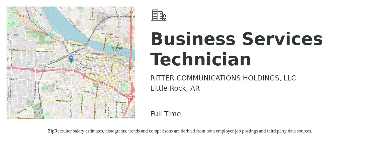 RITTER COMMUNICATIONS HOLDINGS, LLC job posting for a Business Services Technician in Little Rock, AR with a salary of $17 to $22 Hourly with a map of Little Rock location.