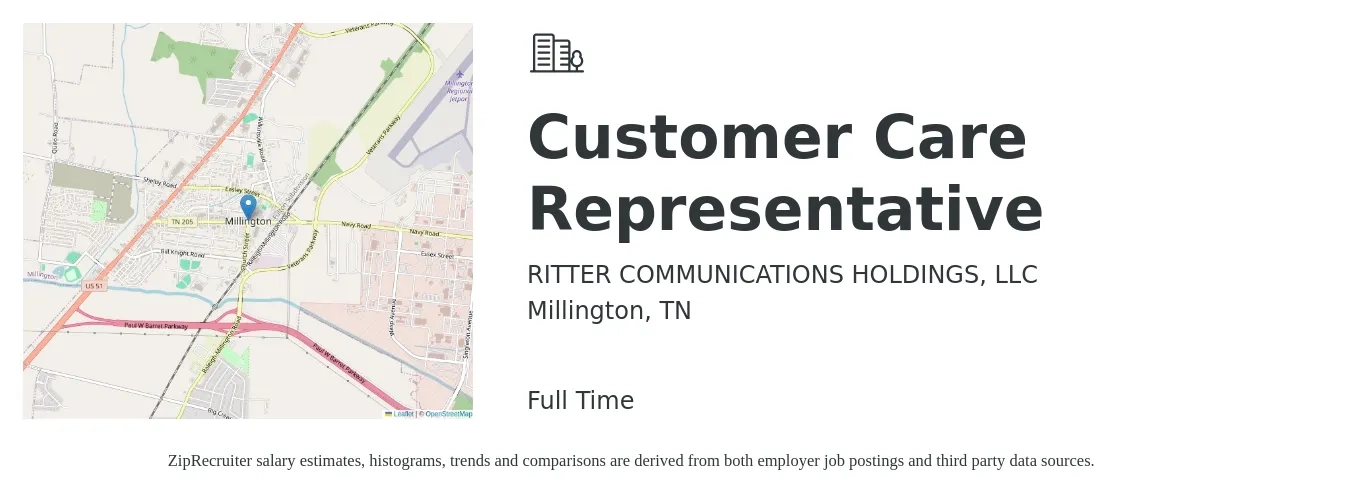 RITTER COMMUNICATIONS HOLDINGS, LLC job posting for a Customer Care Representative in Millington, TN with a salary of $15 to $20 Hourly with a map of Millington location.