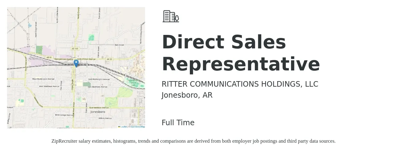 RITTER COMMUNICATIONS HOLDINGS, LLC job posting for a Direct Sales Representative in Jonesboro, AR with a salary of $43,200 to $64,200 Yearly with a map of Jonesboro location.