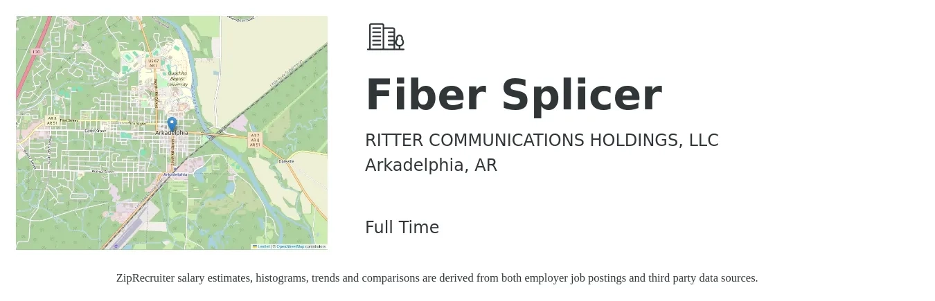 RITTER COMMUNICATIONS HOLDINGS, LLC job posting for a Fiber Splicer in Arkadelphia, AR with a salary of $22 to $26 Hourly with a map of Arkadelphia location.