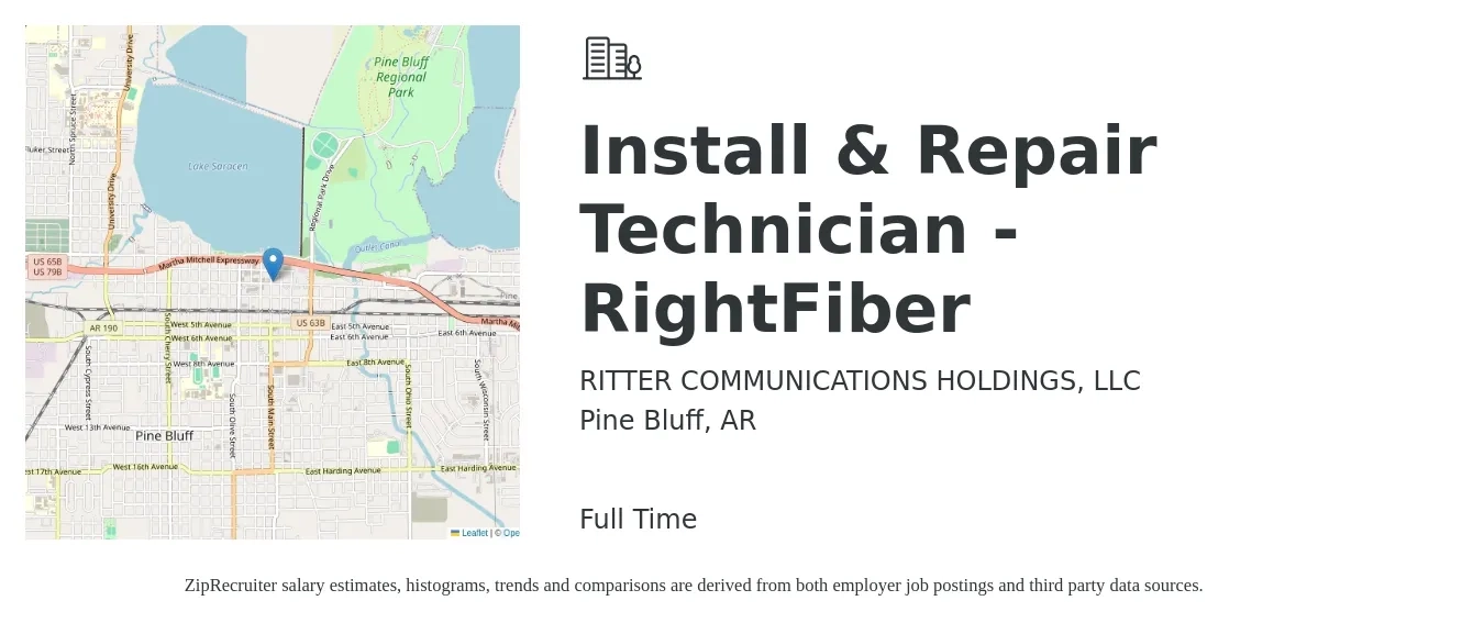 RITTER COMMUNICATIONS HOLDINGS, LLC job posting for a Install & Repair Technician - RightFiber in Pine Bluff, AR with a salary of $18 to $27 Hourly with a map of Pine Bluff location.