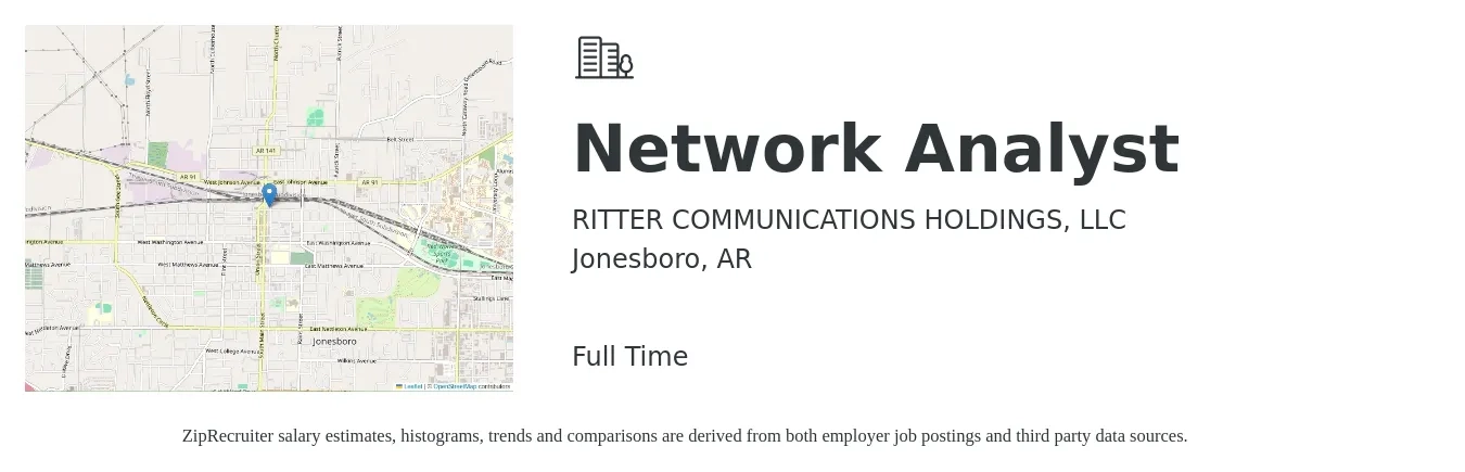RITTER COMMUNICATIONS HOLDINGS, LLC job posting for a Network Analyst in Jonesboro, AR with a salary of $28 to $43 Hourly with a map of Jonesboro location.