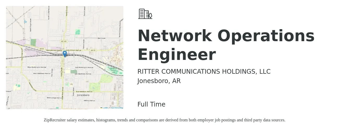 RITTER COMMUNICATIONS HOLDINGS, LLC job posting for a Network Operations Engineer in Jonesboro, AR with a salary of $76,200 to $114,300 Yearly with a map of Jonesboro location.