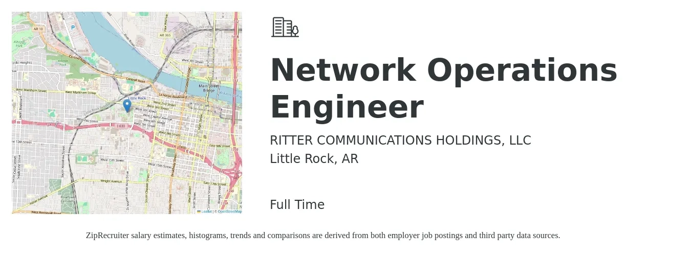 RITTER COMMUNICATIONS HOLDINGS, LLC job posting for a Network Operations Engineer in Little Rock, AR with a salary of $73,000 to $109,400 Yearly with a map of Little Rock location.
