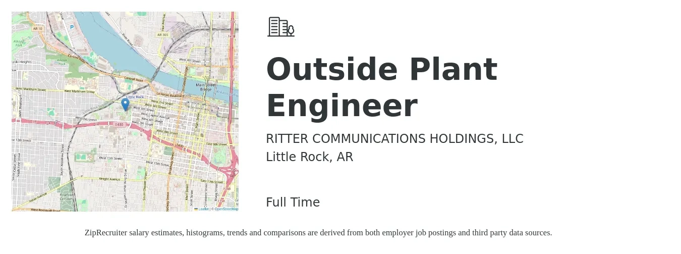 RITTER COMMUNICATIONS HOLDINGS, LLC job posting for a Outside Plant Engineer in Little Rock, AR with a salary of $55,300 to $83,600 Yearly with a map of Little Rock location.