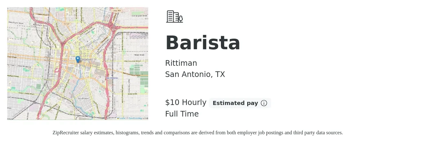 Rittiman job posting for a Barista in San Antonio, TX with a salary of $11 Hourly with a map of San Antonio location.