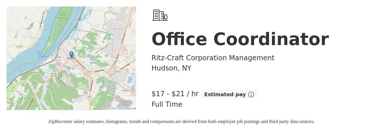 Ritz-Craft Corporation Management job posting for a Office Coordinator in Hudson, NY with a salary of $18 to $22 Hourly with a map of Hudson location.
