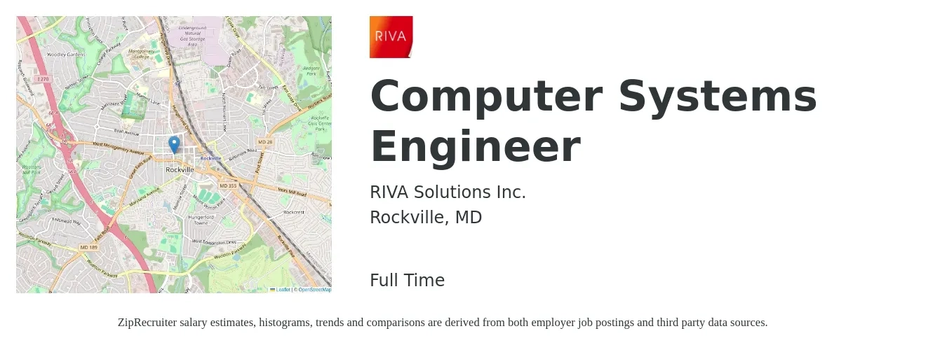 RIVA Solutions Inc. job posting for a Computer Systems Engineer in Rockville, MD with a salary of $71,300 to $135,100 Yearly with a map of Rockville location.