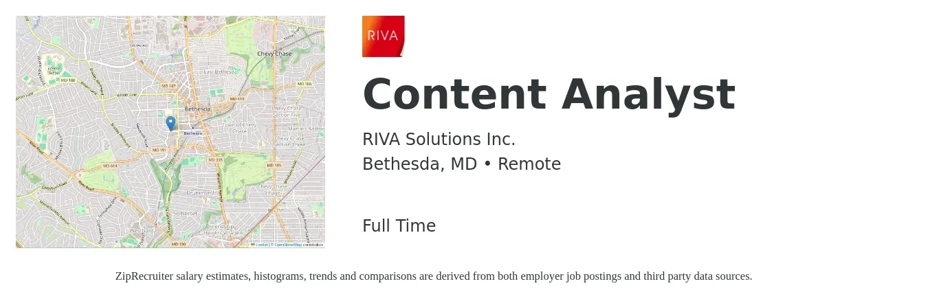 RIVA Solutions Inc. job posting for a Content Analyst in Bethesda, MD with a salary of $27 to $36 Hourly with a map of Bethesda location.