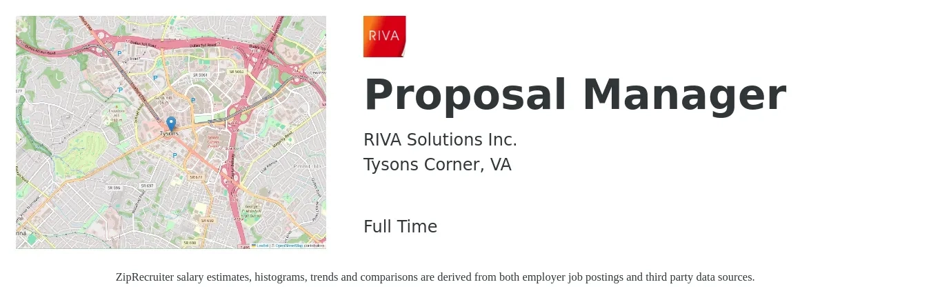 RIVA Solutions Inc. job posting for a Proposal Manager in Tysons Corner, VA with a salary of $81,000 to $118,800 Yearly with a map of Tysons Corner location.