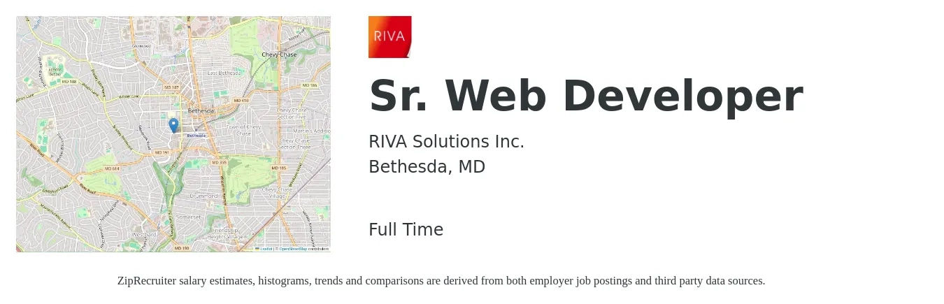 RIVA Solutions Inc. job posting for a Sr. Web Developer in Bethesda, MD with a salary of $97,400 to $140,700 Yearly with a map of Bethesda location.