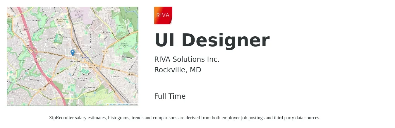 RIVA Solutions Inc. job posting for a UI Designer in Rockville, MD with a salary of $41 to $64 Hourly with a map of Rockville location.