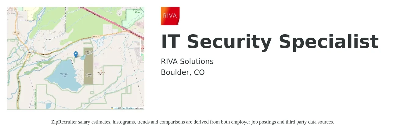 RIVA Solutions job posting for a IT Security Specialist in Boulder, CO with a salary of $73,700 to $122,600 Yearly with a map of Boulder location.