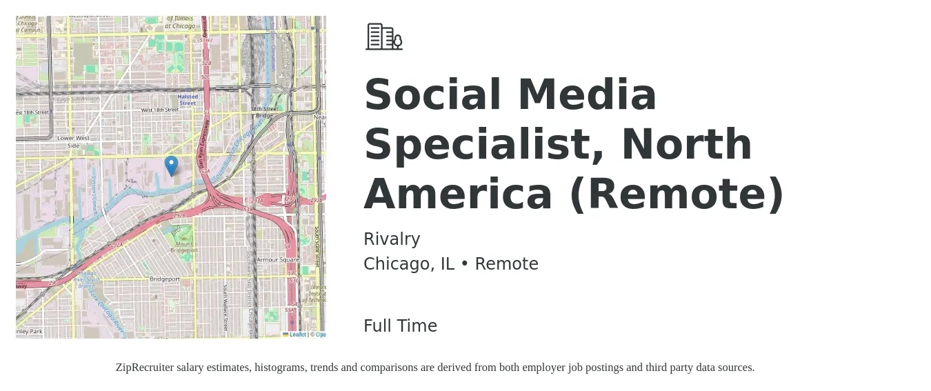 Rivalry job posting for a Social Media Specialist, North America (Remote) in Chicago, IL with a salary of $43,300 to $63,900 Yearly with a map of Chicago location.