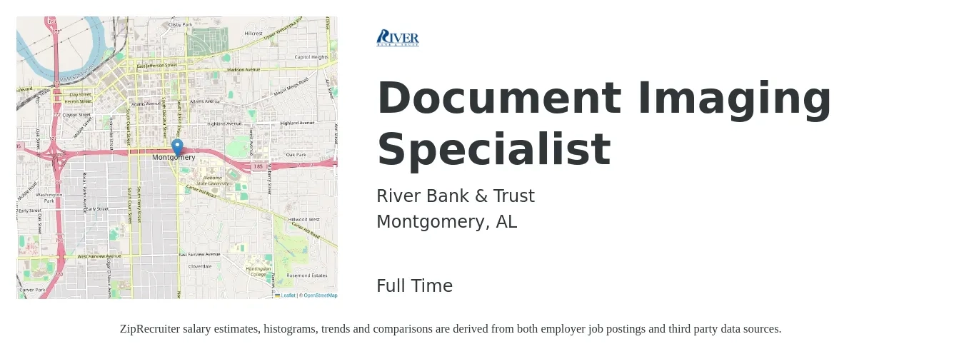 River Bank & Trust job posting for a Document Imaging Specialist in Montgomery, AL with a salary of $14 to $16 Hourly with a map of Montgomery location.