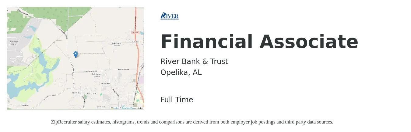 River Bank & Trust job posting for a Financial Associate in Opelika, AL with a salary of $43,100 to $66,400 Yearly with a map of Opelika location.