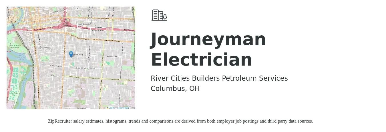 River Cities Builders Petroleum Services job posting for a Journeyman Electrician in Columbus, OH with a salary of $27 to $37 Hourly with a map of Columbus location.