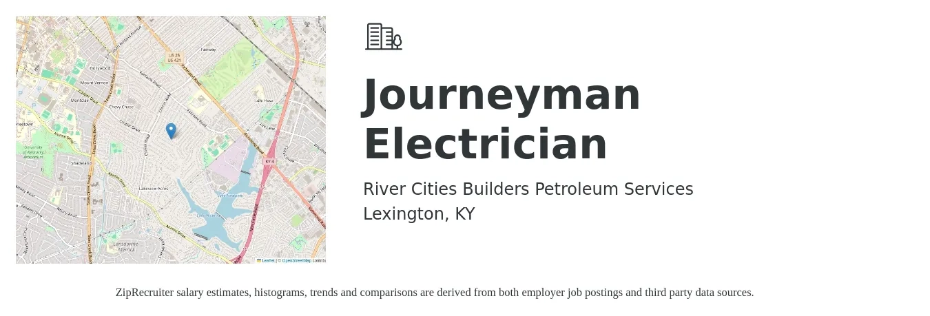 River Cities Builders Petroleum Services job posting for a Journeyman Electrician in Lexington, KY with a salary of $28 to $38 Hourly with a map of Lexington location.