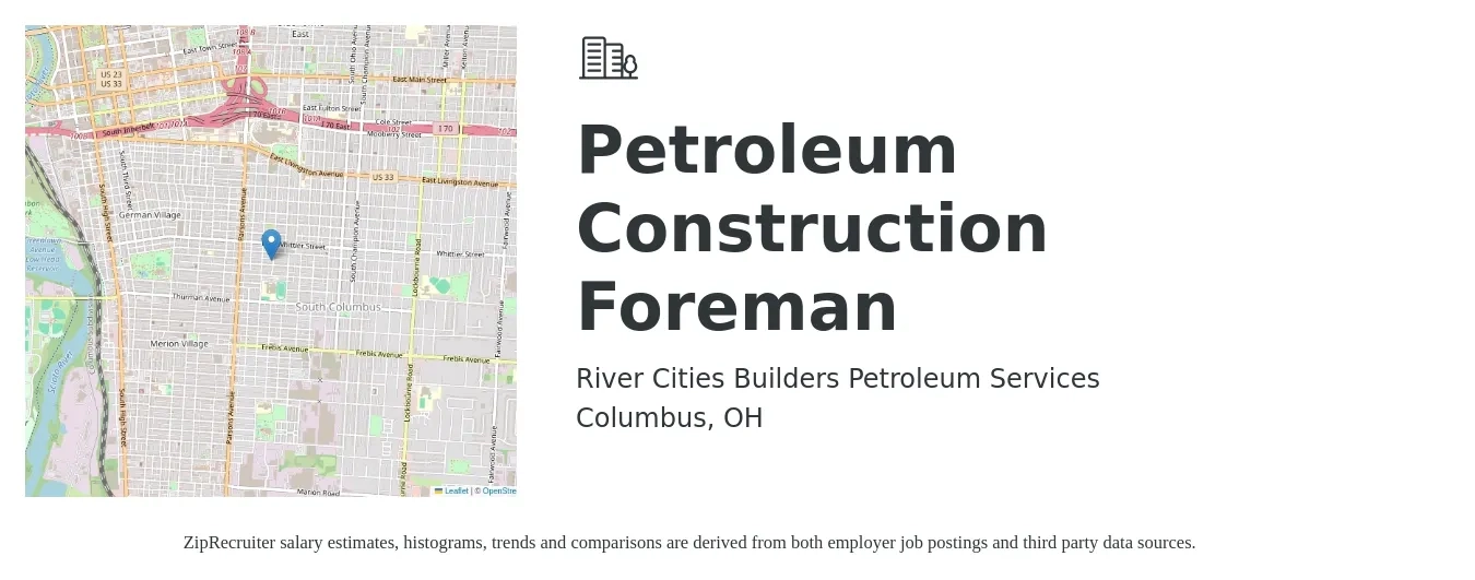 River Cities Builders Petroleum Services job posting for a Petroleum Construction Foreman in Columbus, OH with a salary of $68,600 to $111,600 Yearly with a map of Columbus location.