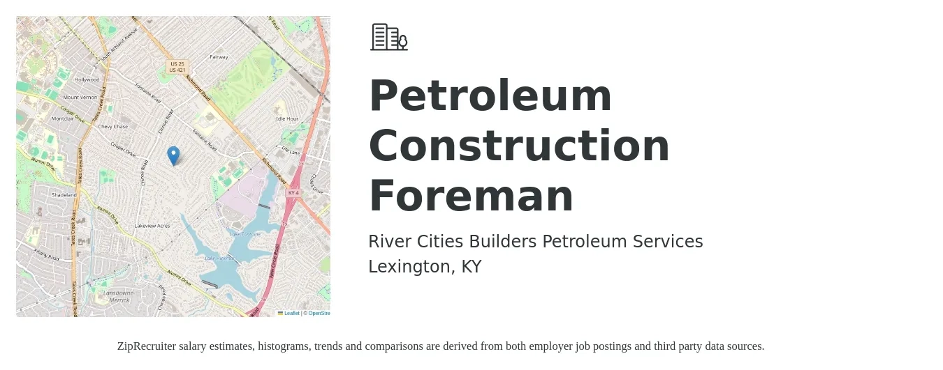 River Cities Builders Petroleum Services job posting for a Petroleum Construction Foreman in Lexington, KY with a salary of $70,600 to $114,800 Yearly with a map of Lexington location.