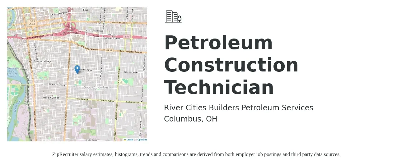 River Cities Builders Petroleum Services job posting for a Petroleum Construction Technician in Columbus, OH with a salary of $18 to $24 Hourly with a map of Columbus location.