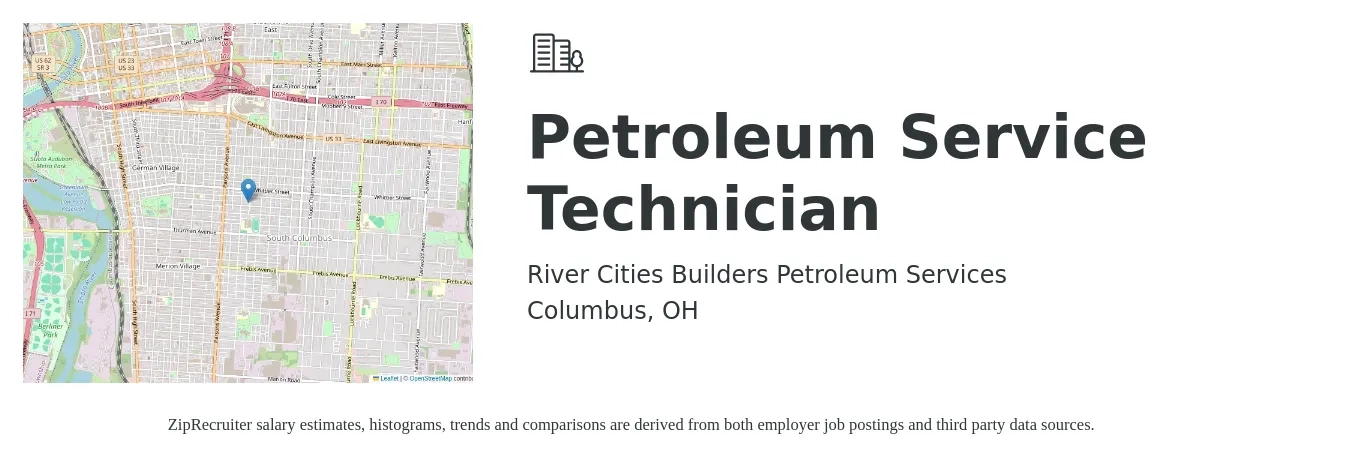 River Cities Builders Petroleum Services job posting for a Petroleum Service Technician in Columbus, OH with a salary of $22 to $26 Hourly with a map of Columbus location.
