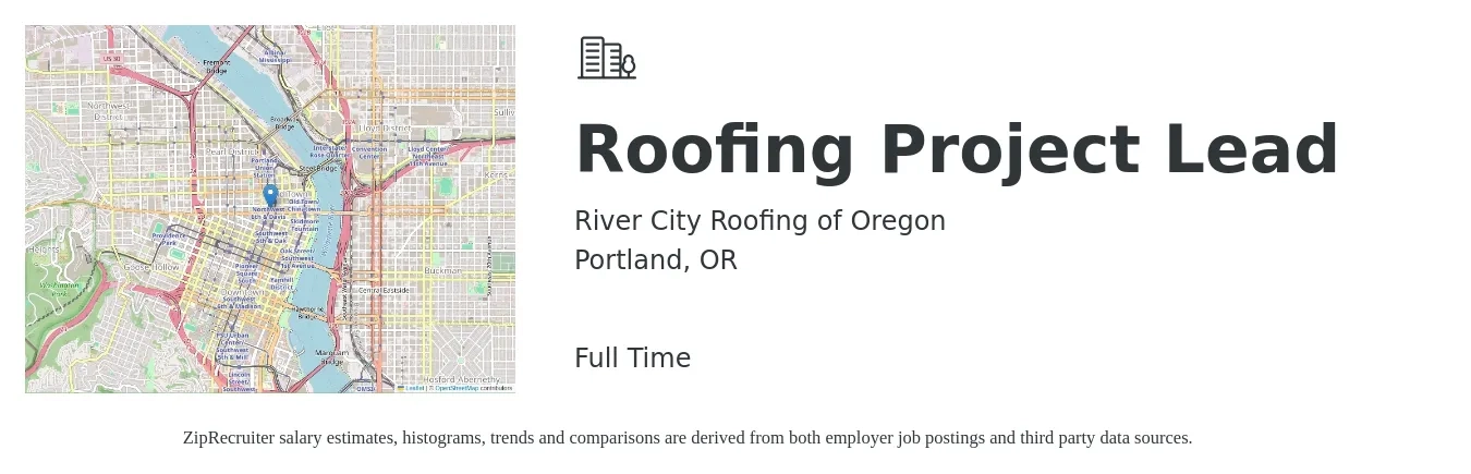 River City Roofing of Oregon job posting for a Roofing Project Lead in Portland, OR with a salary of $27 to $53 Hourly with a map of Portland location.
