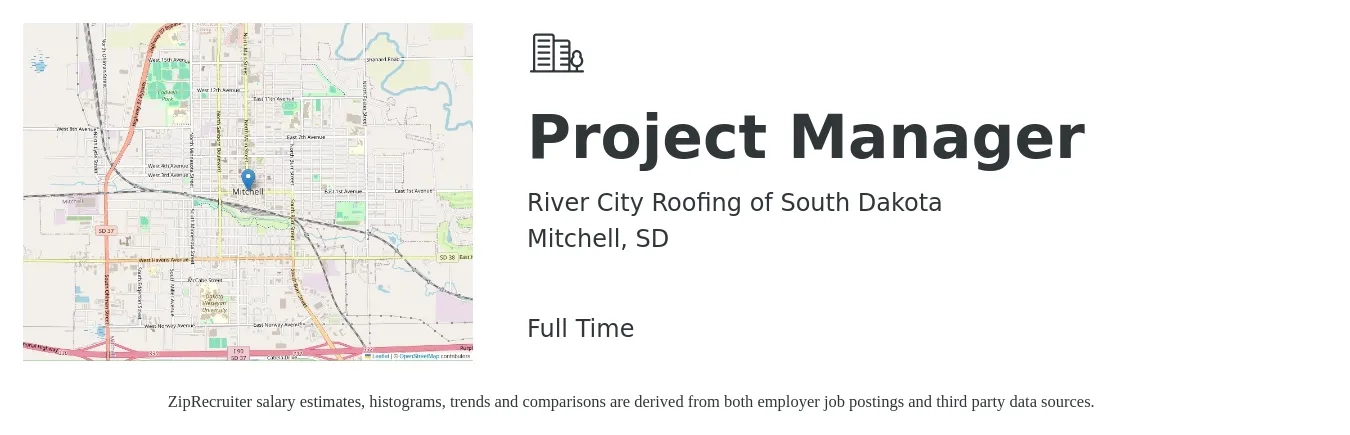 River City Roofing of South Dakota job posting for a Project Manager in Mitchell, SD with a salary of $79,300 to $124,200 Yearly with a map of Mitchell location.