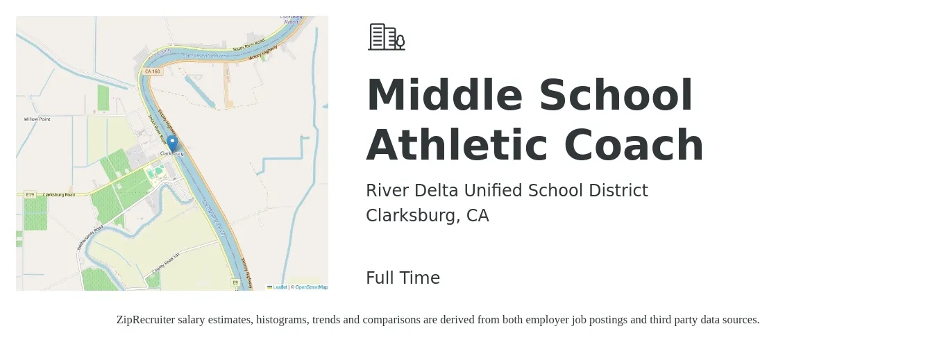 River Delta Unified School District job posting for a Middle School Athletic Coach in Clarksburg, CA with a salary of $13 to $26 Hourly with a map of Clarksburg location.
