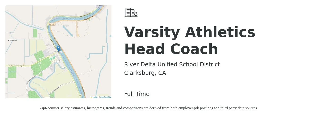 River Delta Unified School District job posting for a Varsity Athletics Head Coach in Clarksburg, CA with a salary of $13 to $26 Hourly with a map of Clarksburg location.