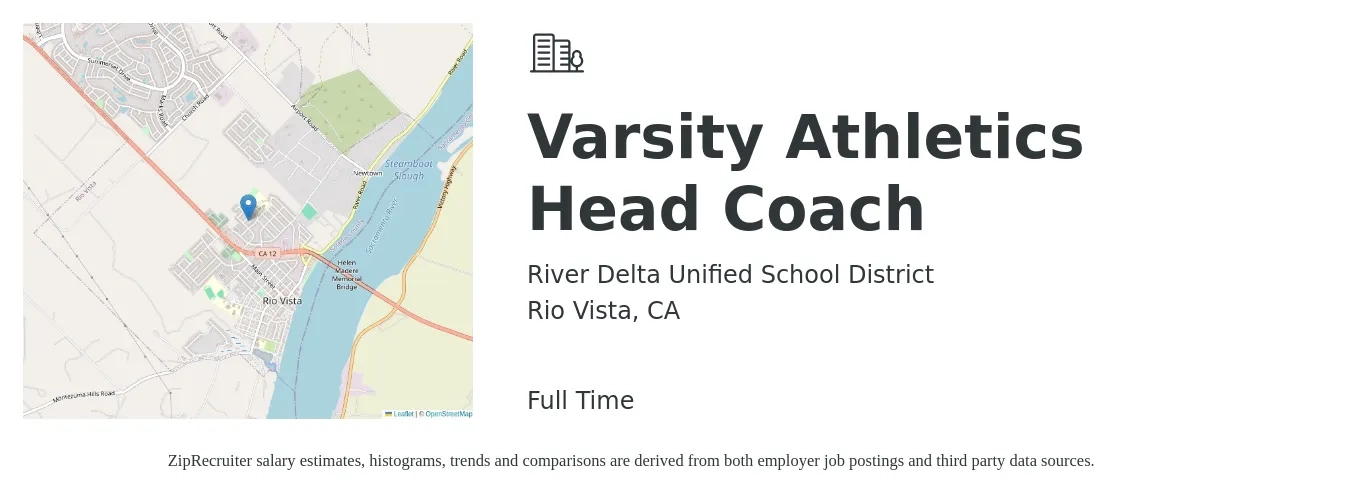 River Delta Unified School District job posting for a Varsity Athletics Head Coach in Rio Vista, CA with a salary of $45,100 to $66,400 Yearly with a map of Rio Vista location.