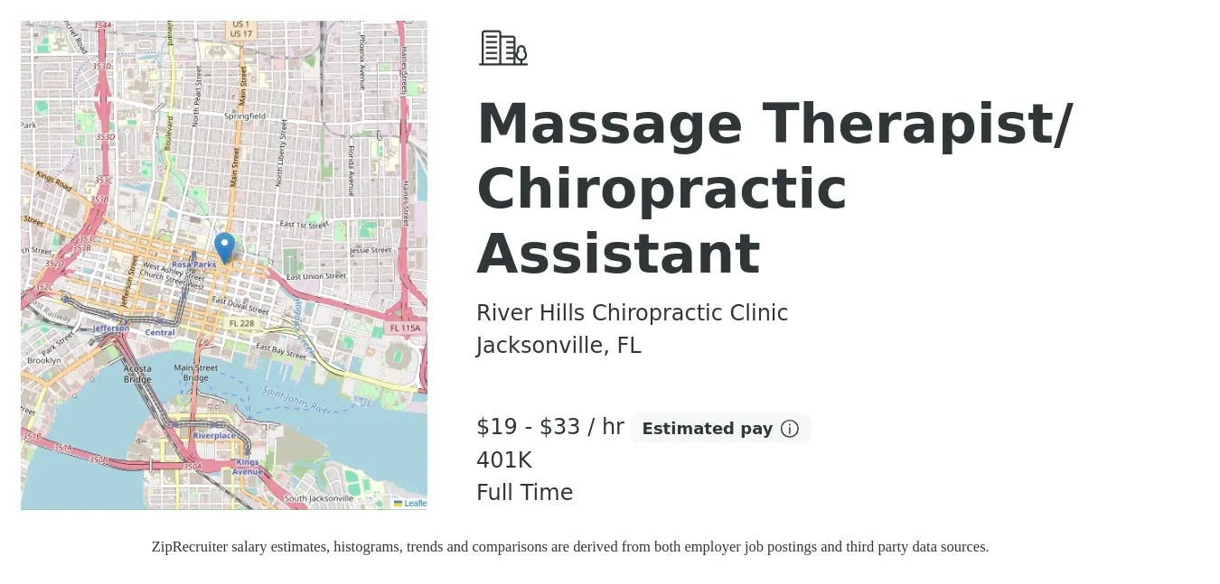 River Hills Chiropractic Clinic job posting for a Massage Therapist/ Chiropractic Assistant in Jacksonville, FL with a salary of $20 to $35 Hourly and benefits including 401k with a map of Jacksonville location.