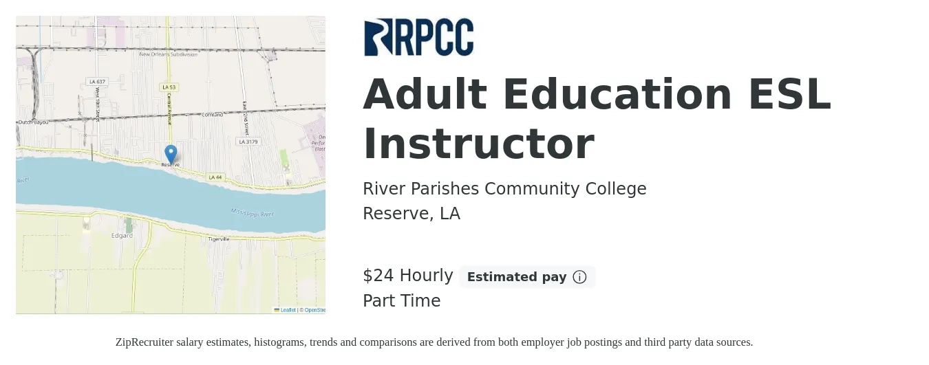 River Parishes Community College job posting for a Adult Education ESL Instructor in Reserve, LA with a salary of $25 Hourly with a map of Reserve location.