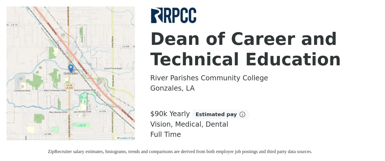 River Parishes Community College job posting for a Dean of Career and Technical Education in Gonzales, LA with a salary of $90,000 Yearly and benefits including retirement, vision, dental, life_insurance, medical, and pto with a map of Gonzales location.