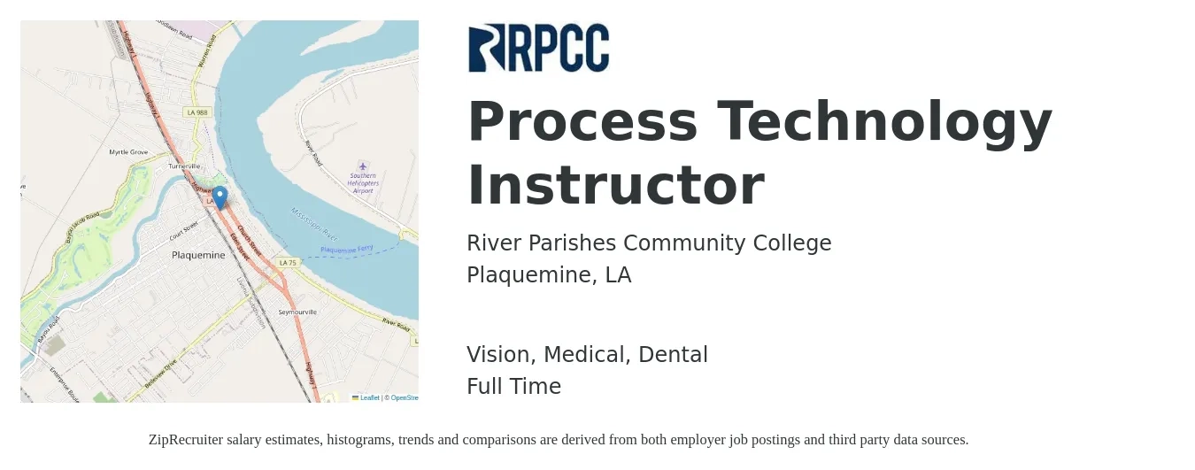 River Parishes Community College job posting for a Process Technology Instructor in Plaquemine, LA with a salary of $39,300 to $58,000 Yearly and benefits including dental, life_insurance, medical, and vision with a map of Plaquemine location.