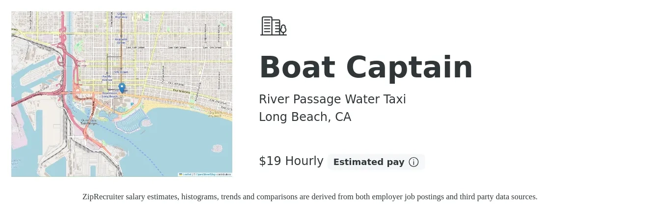 River Passage Water Taxi job posting for a Boat Captain in Long Beach, CA with a salary of $20 Hourly with a map of Long Beach location.