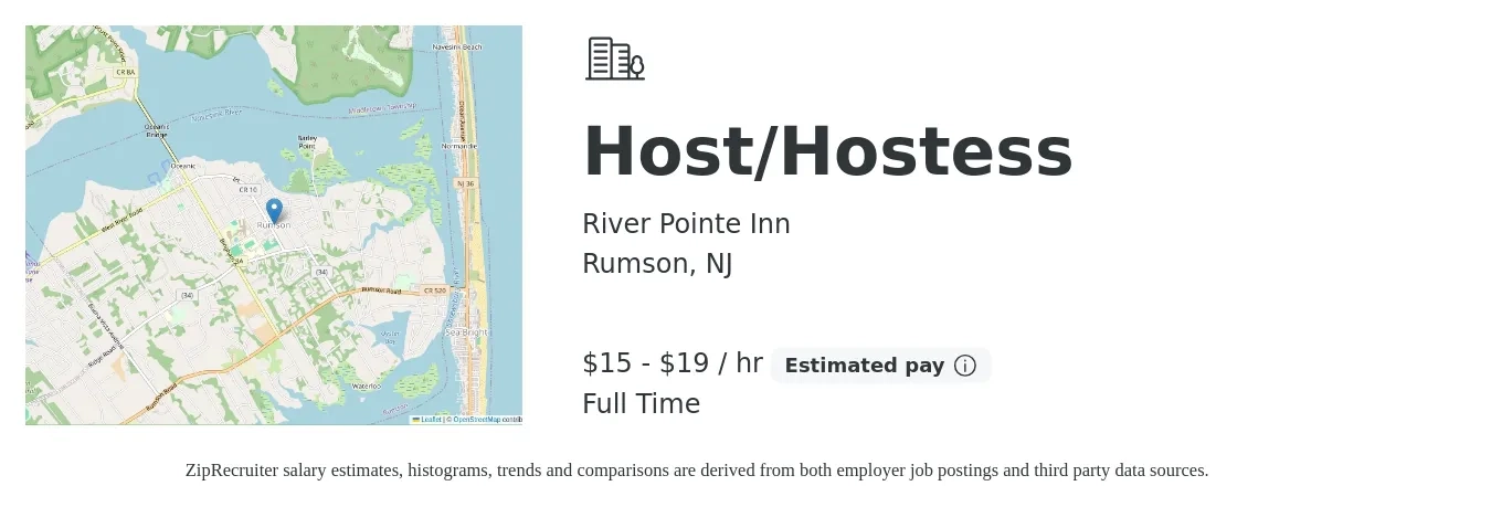 River Pointe Inn job posting for a Host/Hostess in Rumson, NJ with a salary of $16 to $20 Hourly with a map of Rumson location.