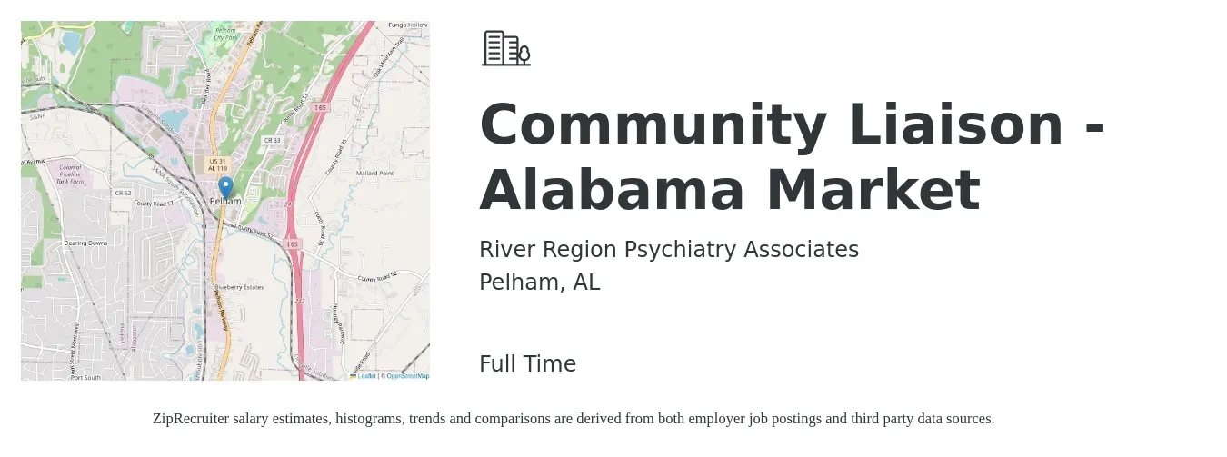 River Region Psychiatry Associates job posting for a Community Liaison - Alabama Market in Pelham, AL with a salary of $18 to $28 Hourly with a map of Pelham location.