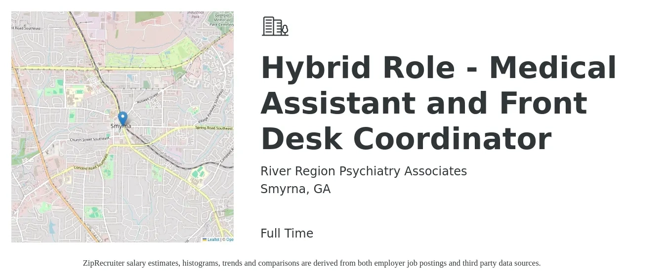 River Region Psychiatry Associates job posting for a Hybrid Role - Medical Assistant and Front Desk Coordinator in Smyrna, GA with a salary of $16 to $19 Hourly with a map of Smyrna location.