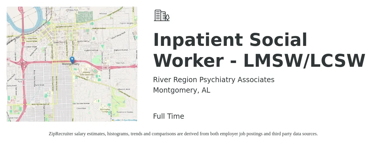 River Region Psychiatry Associates job posting for a Inpatient Social Worker - LMSW/LCSW in Montgomery, AL with a salary of $60,500 to $94,100 Yearly with a map of Montgomery location.