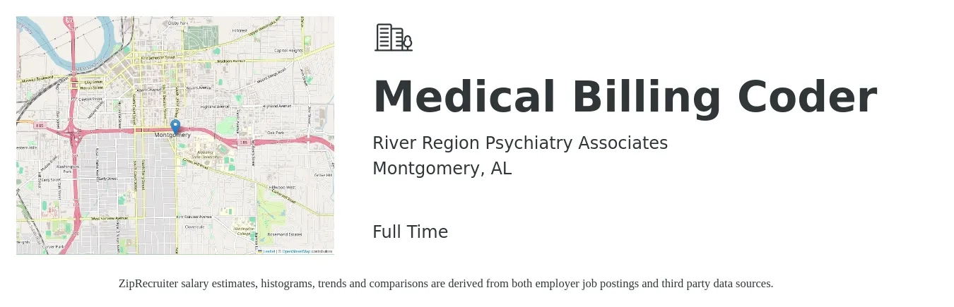 River Region Psychiatry Associates job posting for a Medical Billing Coder in Montgomery, AL with a salary of $16 to $21 Hourly with a map of Montgomery location.