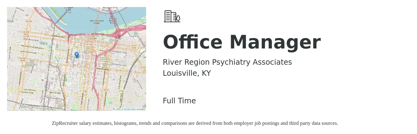 River Region Psychiatry Associates job posting for a Office Manager in Louisville, KY with a salary of $38,300 to $56,400 Yearly with a map of Louisville location.