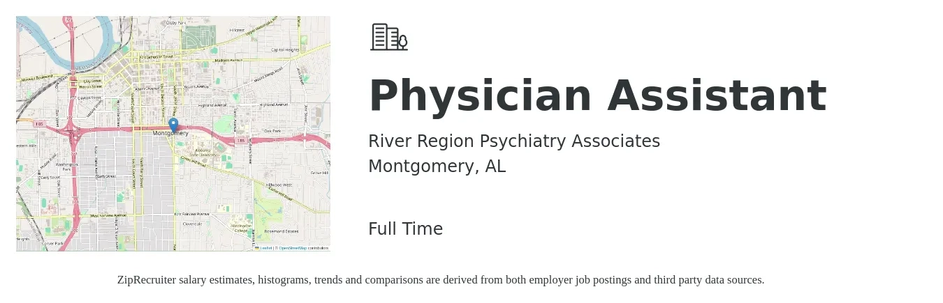 River Region Psychiatry Associates job posting for a Physician Assistant in Montgomery, AL with a salary of $84,000 to $113,800 Yearly with a map of Montgomery location.