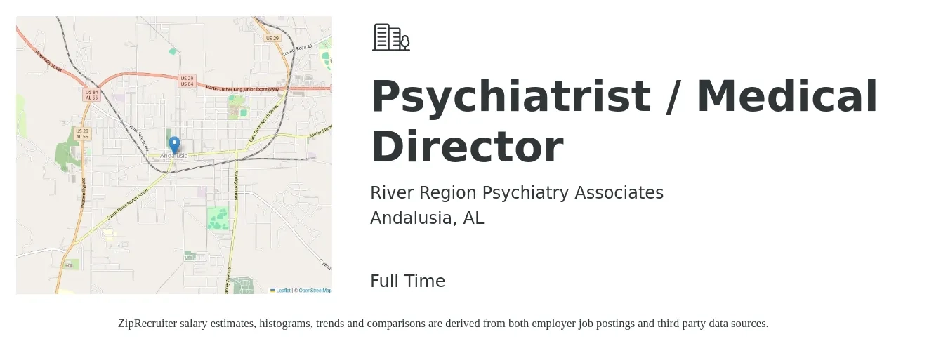 River Region Psychiatry Associates job posting for a Psychiatrist / Medical Director in Andalusia, AL with a salary of $189,800 to $283,800 Yearly with a map of Andalusia location.