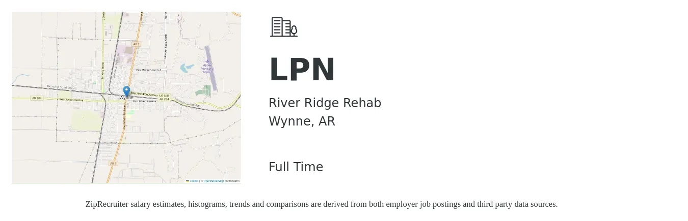 River Ridge Rehab job posting for a LPN in Wynne, AR with a salary of $24 to $32 Hourly with a map of Wynne location.
